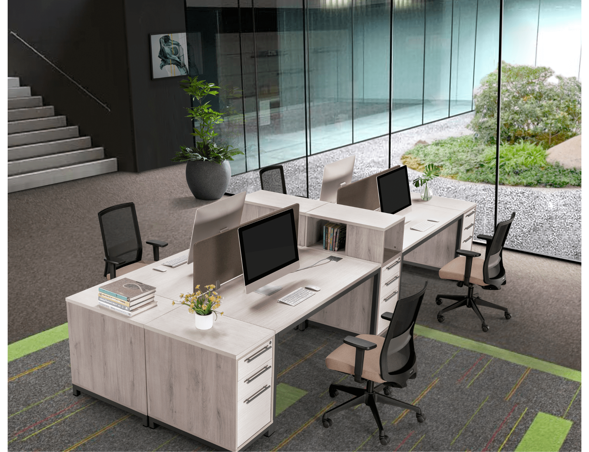 Modern office setup with desks, chairs, and decor in a bright room.