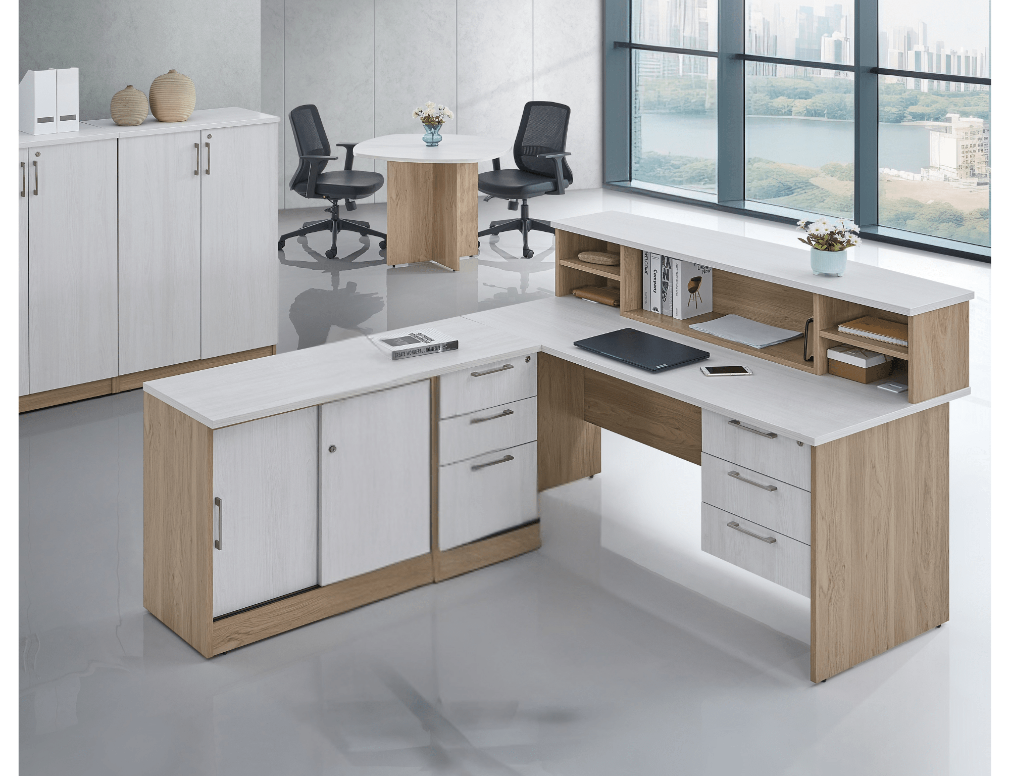Modern office desk with white top and wooden sides in a bright room with large windows.
